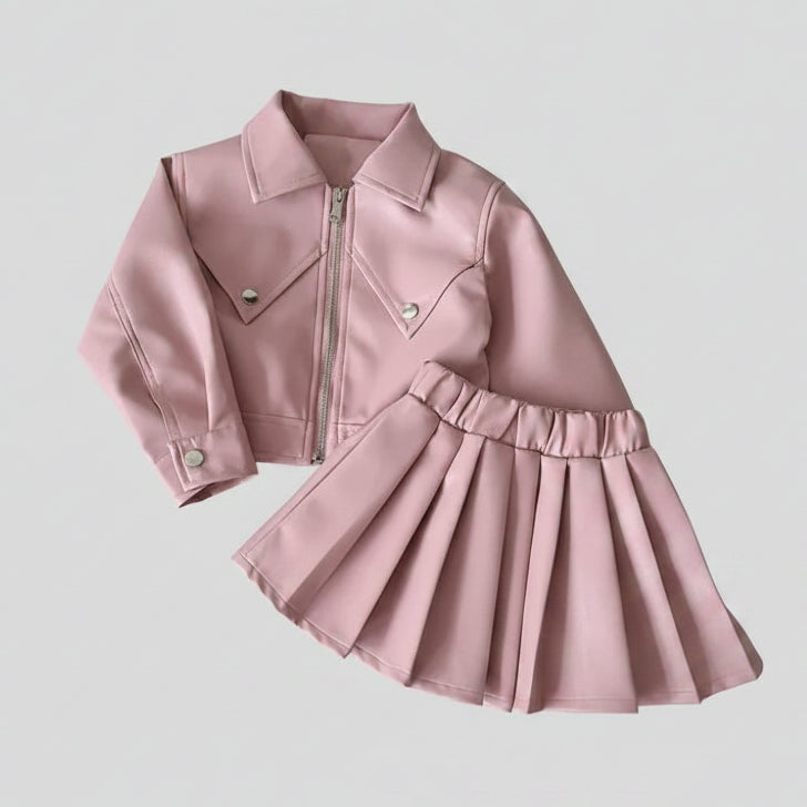 Faux Leather Jacket With Pleated Skirt Dress