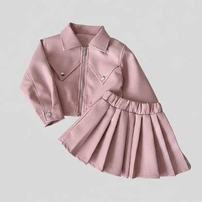 Faux Leather Jacket With Pleated Skirt Dress