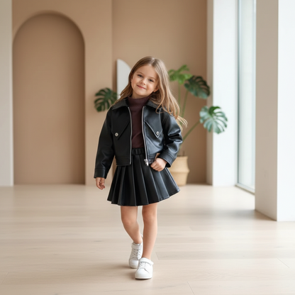 Faux Leather Jacket With Pleated Skirt Dress