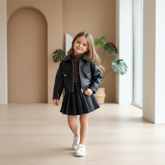 Faux Leather Jacket With Pleated Skirt Dress