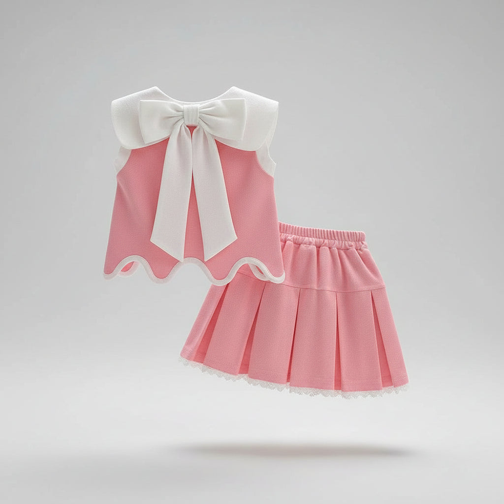 Pink Collar Top & Pleated Skirt Set With Bows
