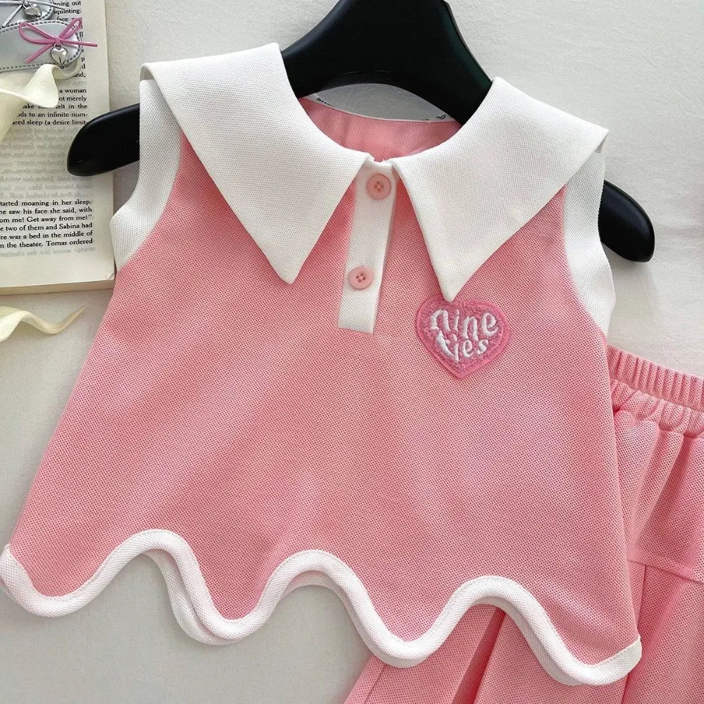 Pink Collar Top & Pleated Skirt Set With Bows