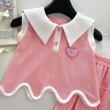 Pink Collar Top & Pleated Skirt Set With Bows