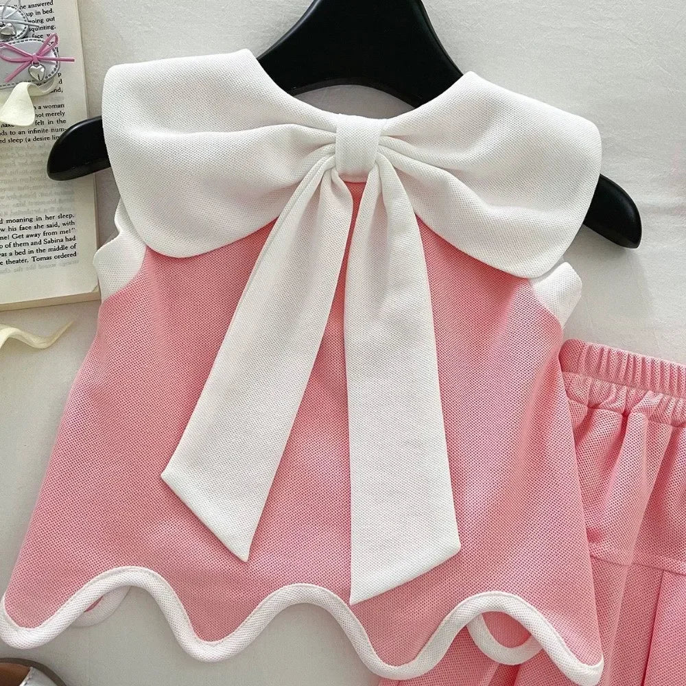 Pink Collar Top & Pleated Skirt Set With Bows