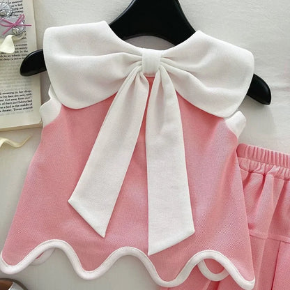 Pink Collar Top & Pleated Skirt Set With Bows
