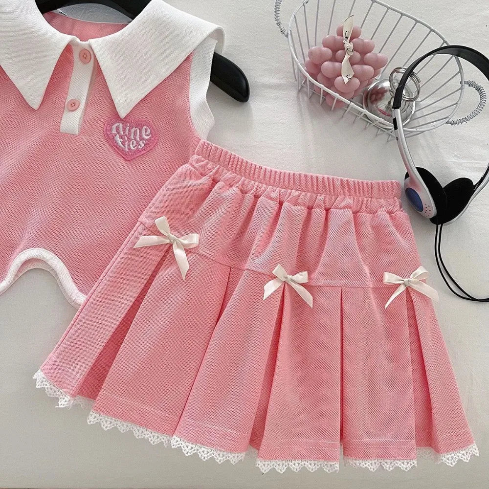 Pink Collar Top & Pleated Skirt Set With Bows