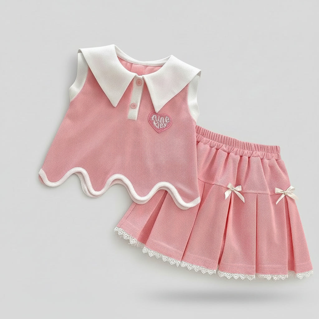 Pink Collar Top & Pleated Skirt Set With Bows