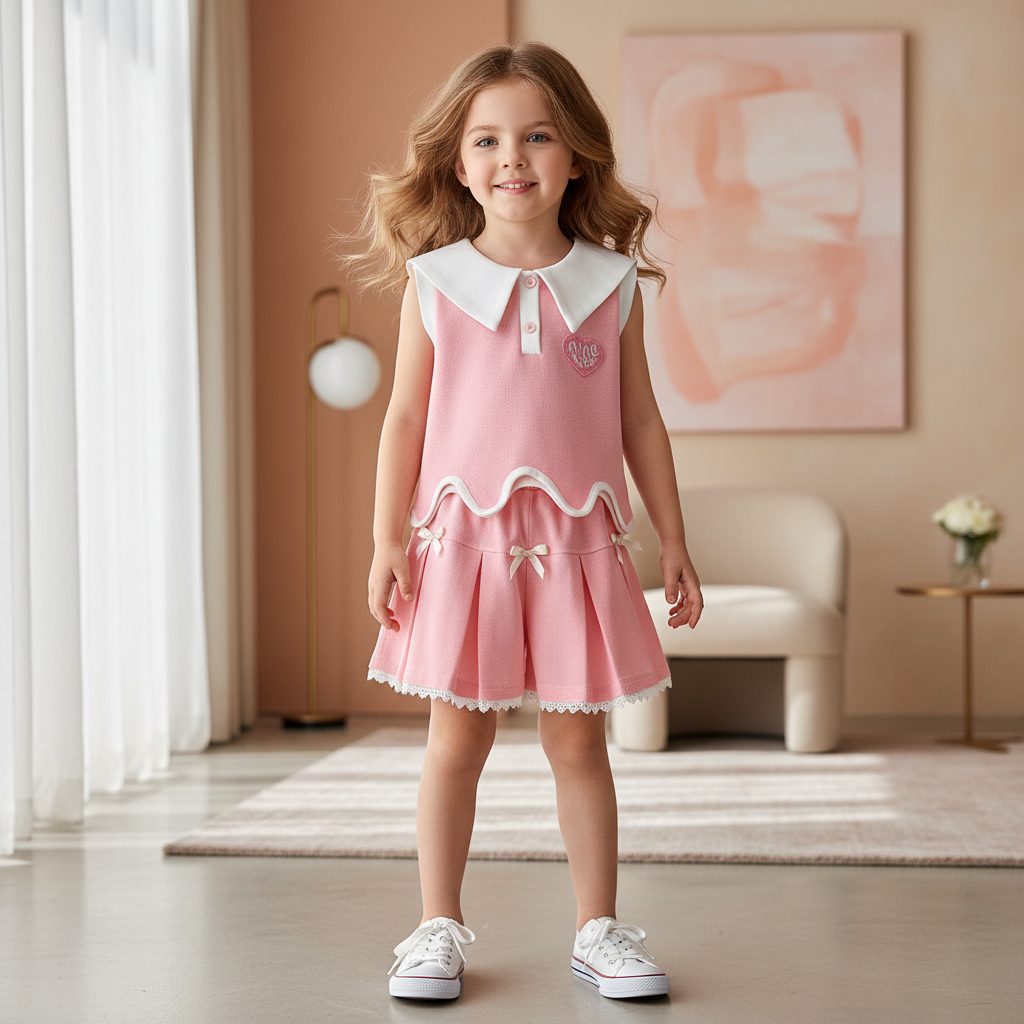 Pink Collar Top & Pleated Skirt Set With Bows