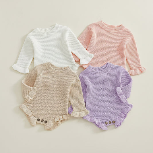 Cotton Ruffled Sleeve Knitted Rompers In Pastel Colors