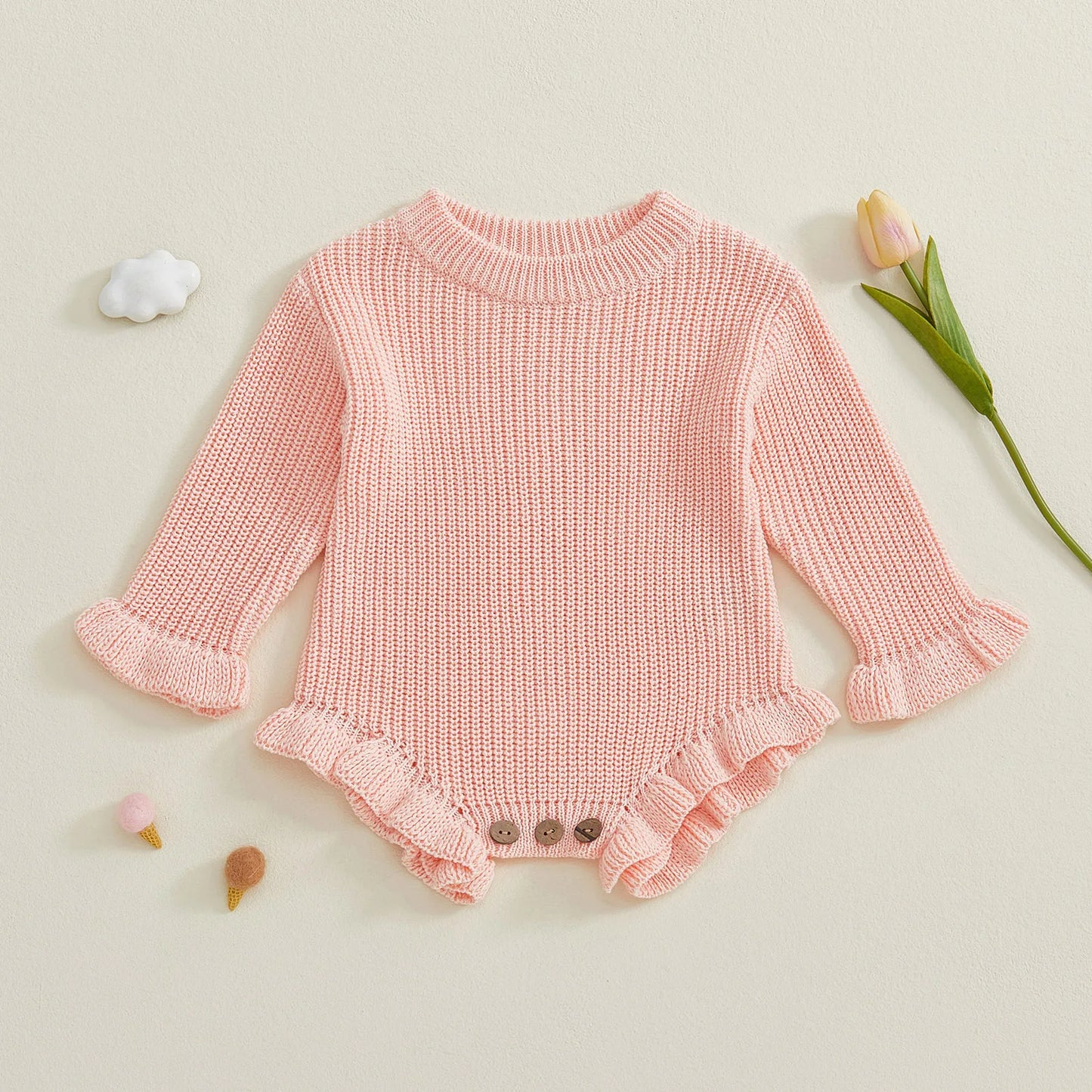 Cotton Ruffled Sleeve Knitted Rompers In Pastel Colors