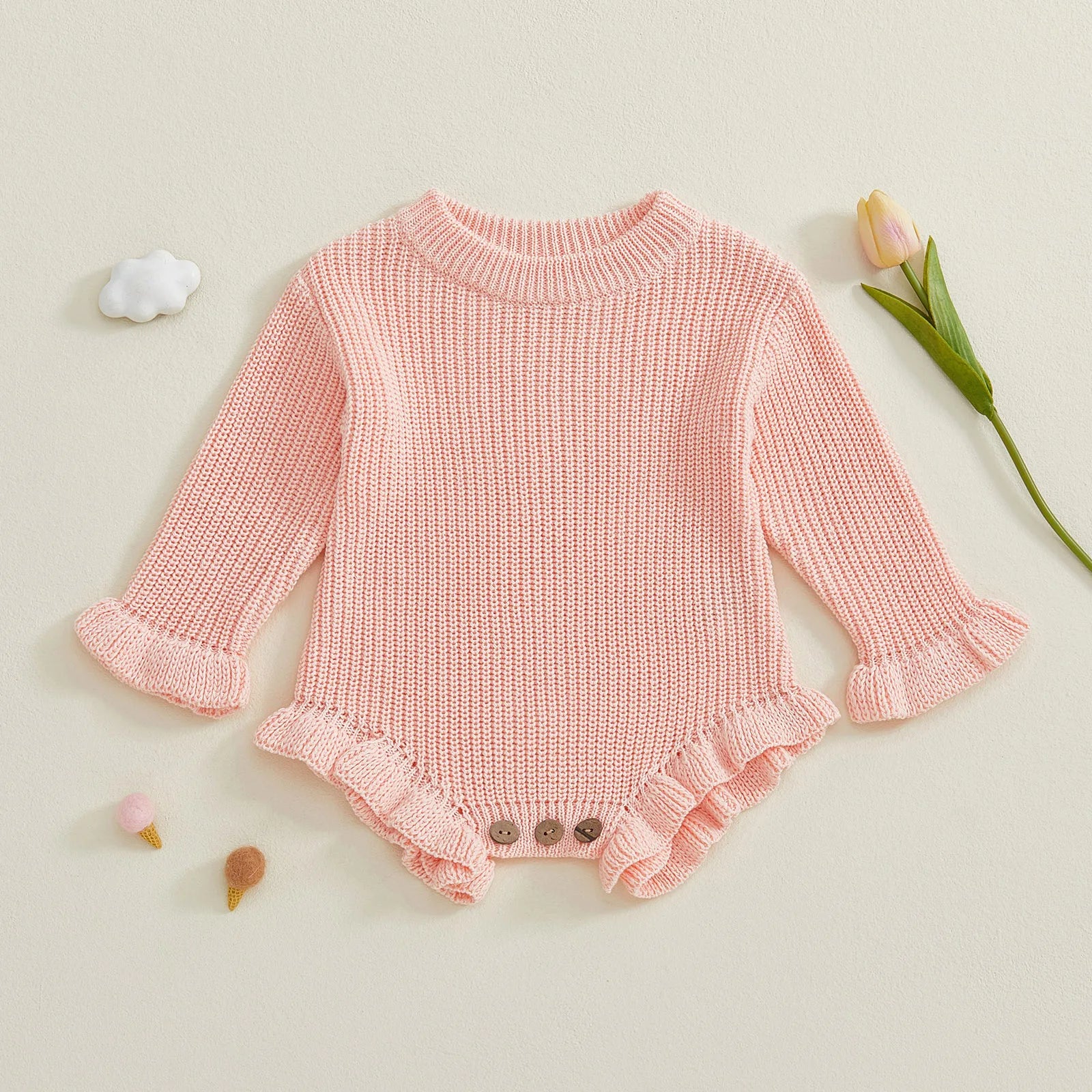 Cotton Ruffled Sleeve Knitted Rompers In Pastel Colors
