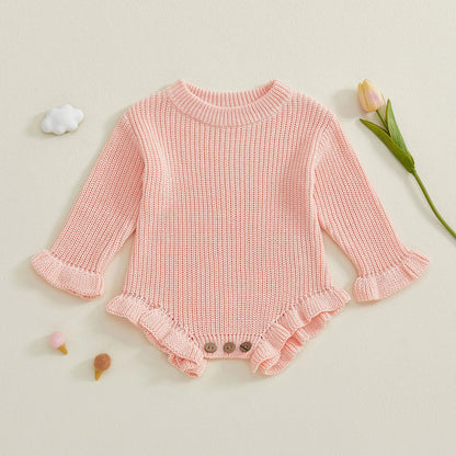 Cotton Ruffled Sleeve Knitted Rompers In Pastel Colors