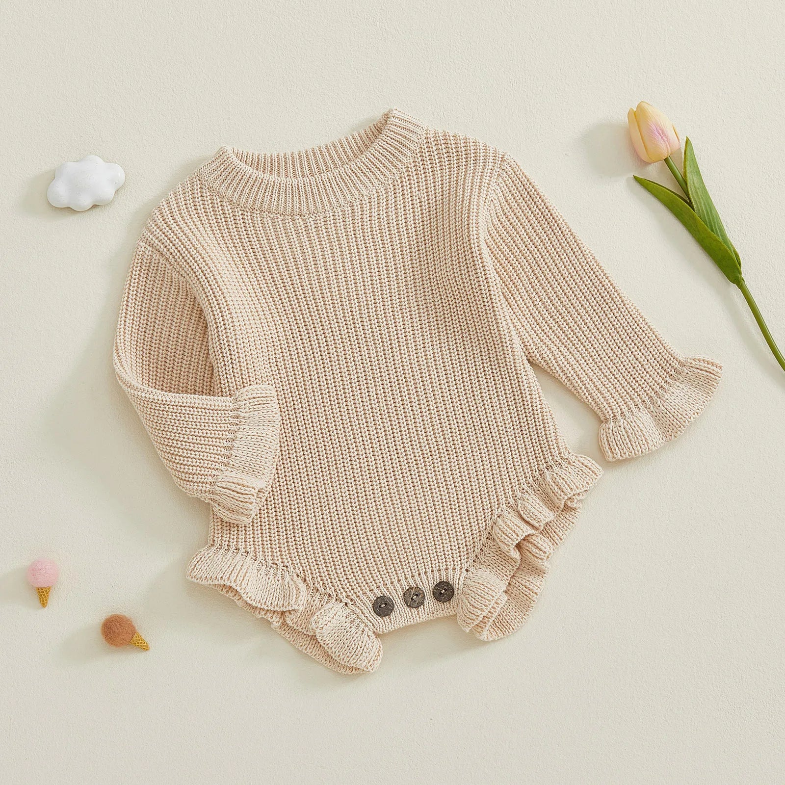 Cotton Ruffled Sleeve Knitted Rompers In Pastel Colors