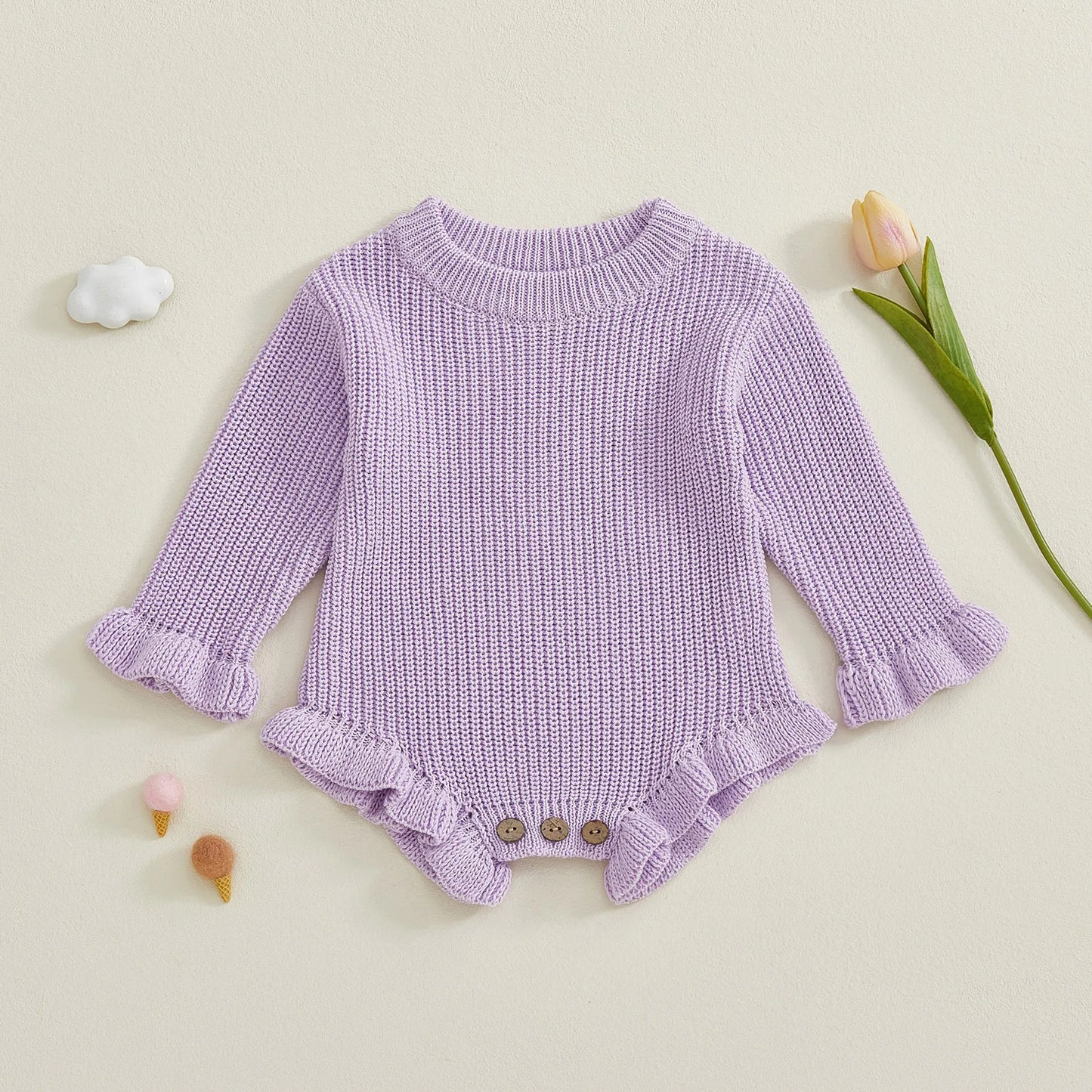 Cotton Ruffled Sleeve Knitted Rompers In Pastel Colors