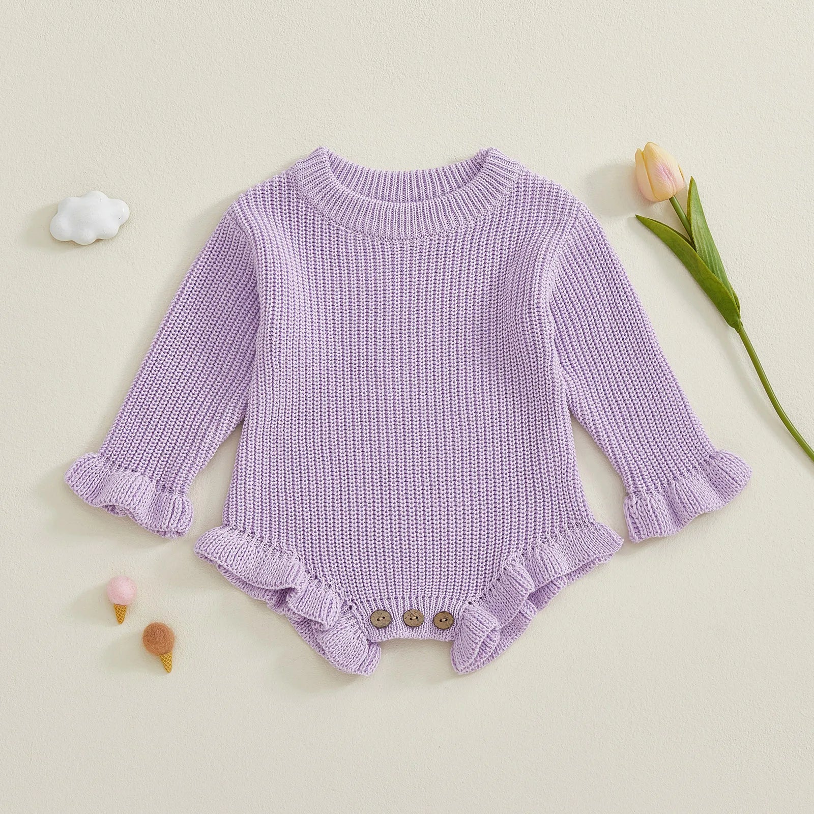 Cotton Ruffled Sleeve Knitted Rompers In Pastel Colors