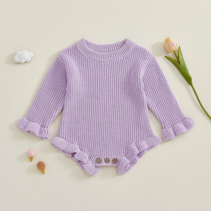 Cotton Ruffled Sleeve Knitted Rompers In Pastel Colors