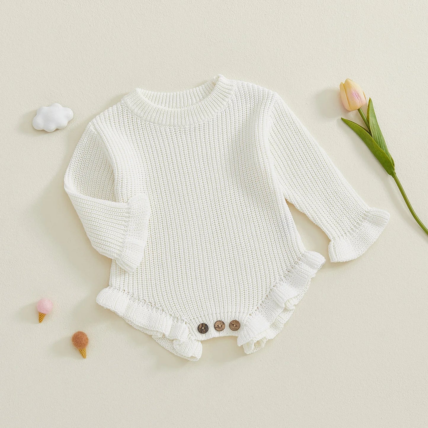 Cotton Ruffled Sleeve Knitted Rompers In Pastel Colors
