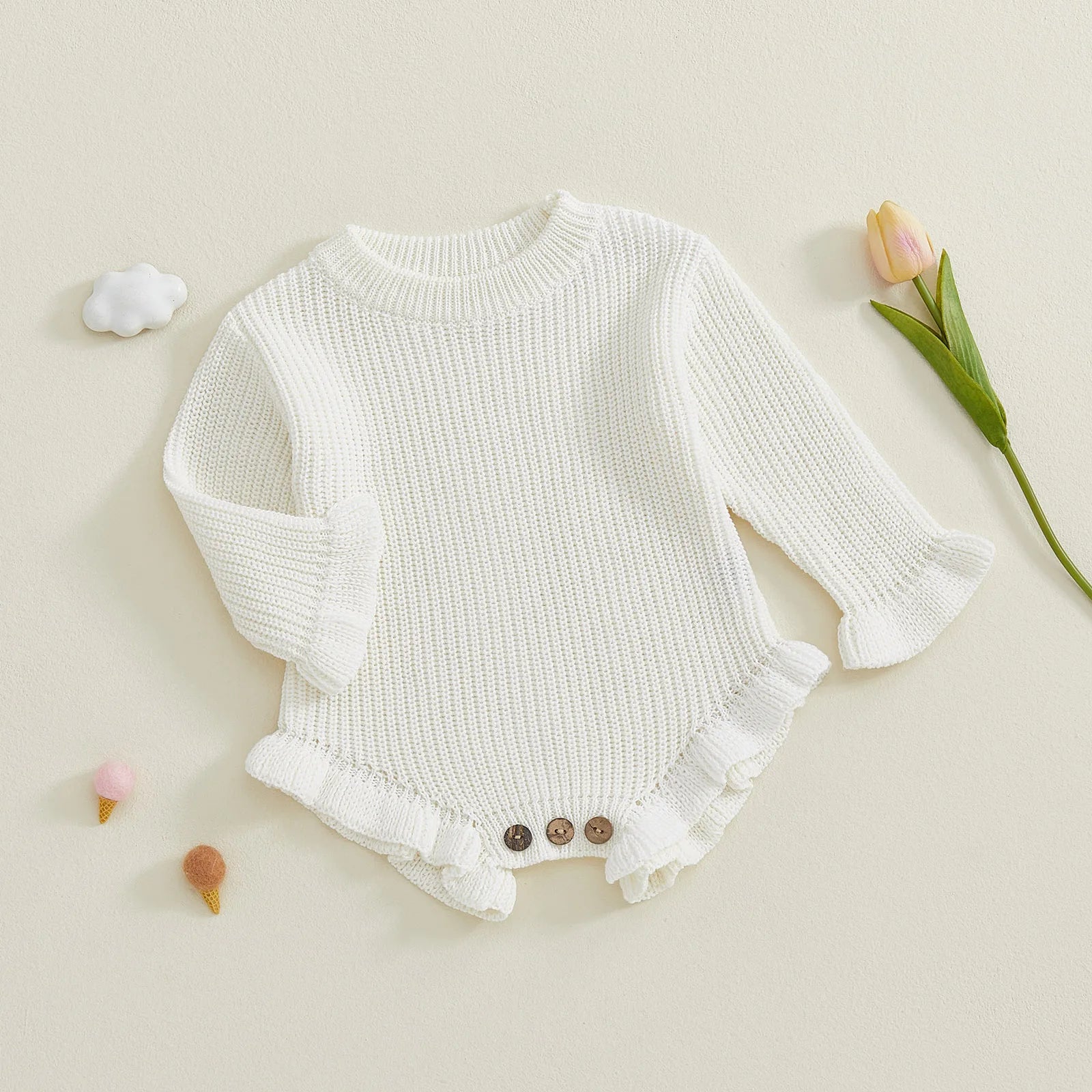 Cotton Ruffled Sleeve Knitted Rompers In Pastel Colors