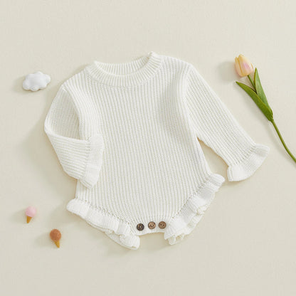Cotton Ruffled Sleeve Knitted Rompers In Pastel Colors