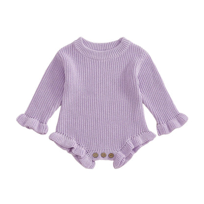 Cotton Ruffled Sleeve Knitted Rompers In Pastel Colors