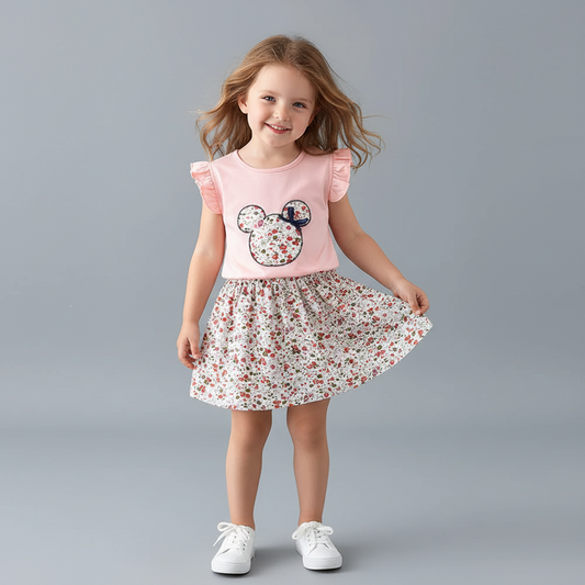 White Minnie Mouse flying sleeve top with matching skirt set for toddlers, featuring colorful Disney character print by Ewapi.