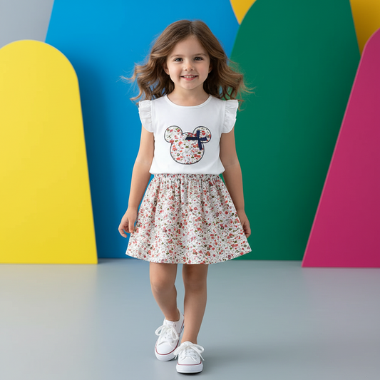 White Minnie Mouse Flying Sleeve top and skirt set for toddlers by Ewapi, featuring playful Minnie Mouse design and comfortable fabric.