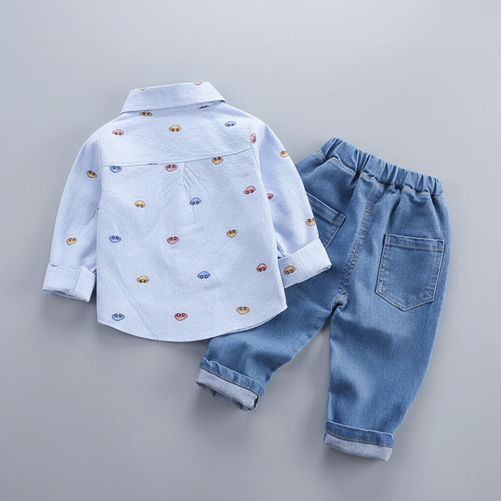 Patterned Shirt & Washed Denim Pants Set