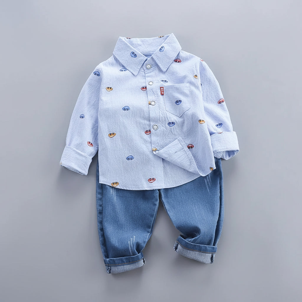 Patterned Shirt & Washed Denim Pants Set