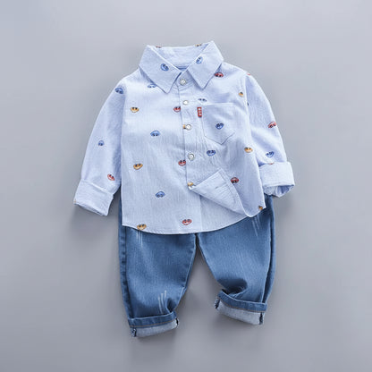 Patterned Shirt & Washed Denim Pants Set