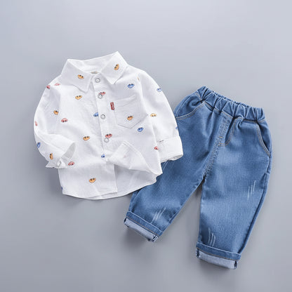 Patterned Shirt & Washed Denim Pants Set