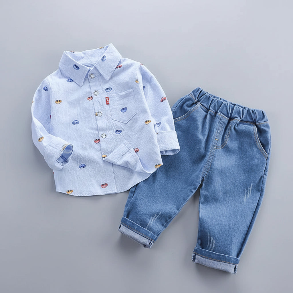 Patterned Shirt & Washed Denim Pants Set