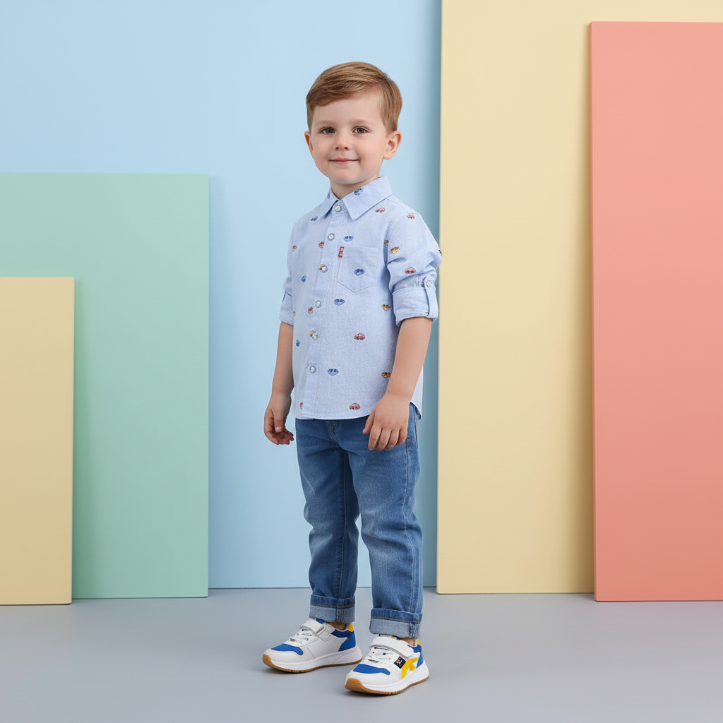 Patterned Shirt & Washed Denim Pants Set