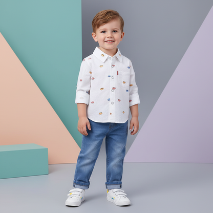 Patterned Shirt & Washed Denim Pants Set