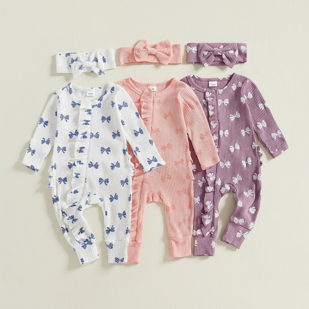 Cotton Ribbed Bow Print Rompers & Matching Headbands Set