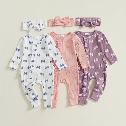 Cotton Ribbed Bow Print Rompers & Matching Headbands Set