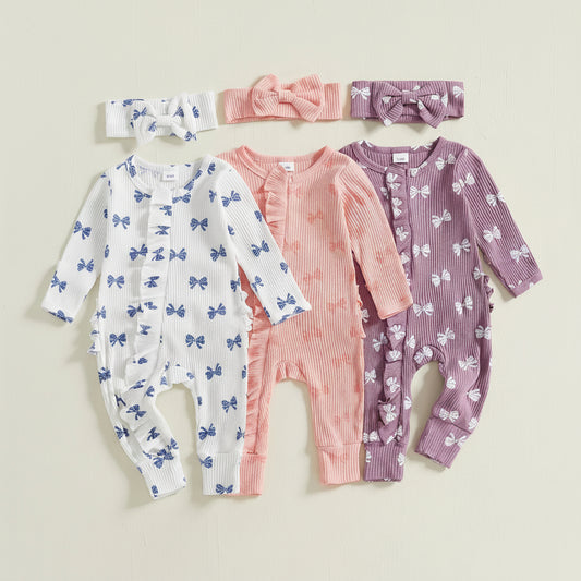 Cotton Ribbed Bow Print Rompers & Matching Headbands Set