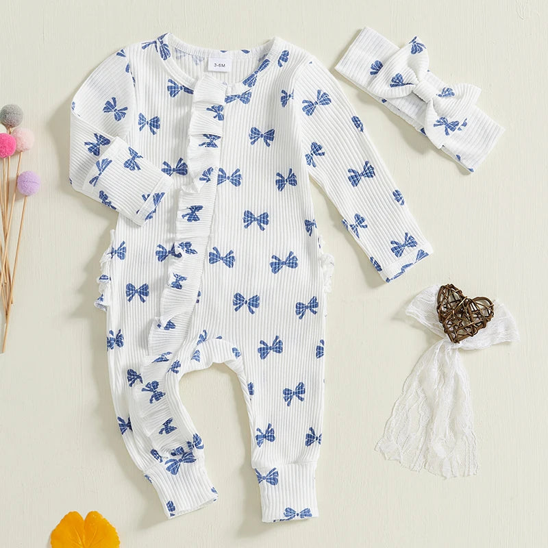 Cotton Ribbed Bow Print Rompers & Matching Headbands Set