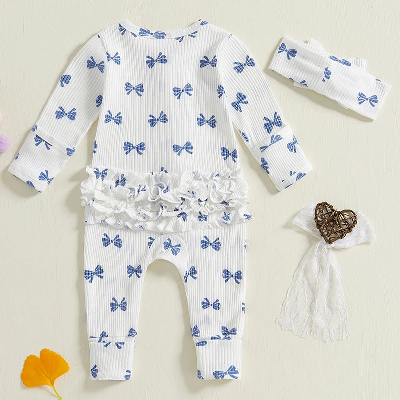 Cotton Ribbed Bow Print Rompers & Matching Headbands Set