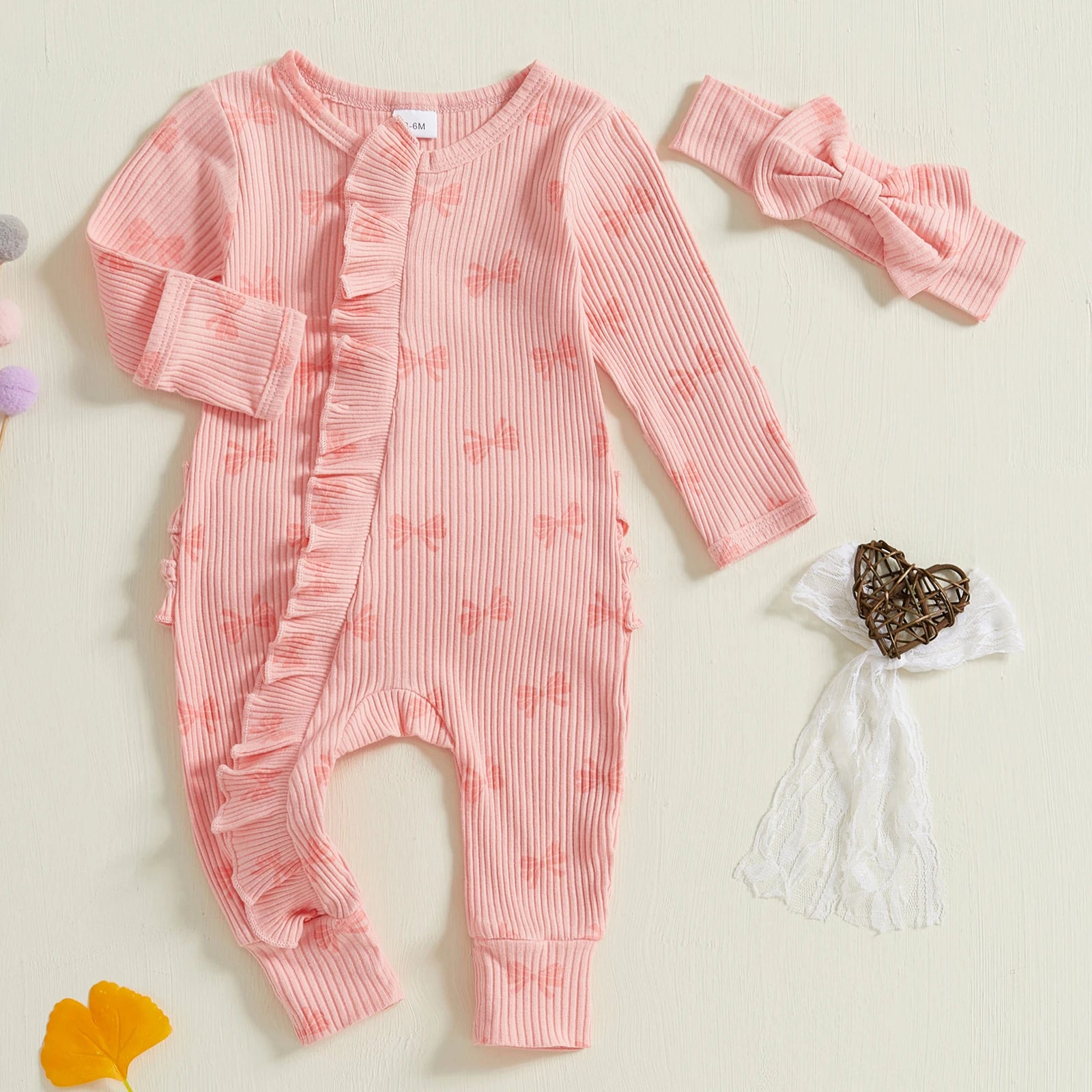 Cotton Ribbed Bow Print Rompers & Matching Headbands Set