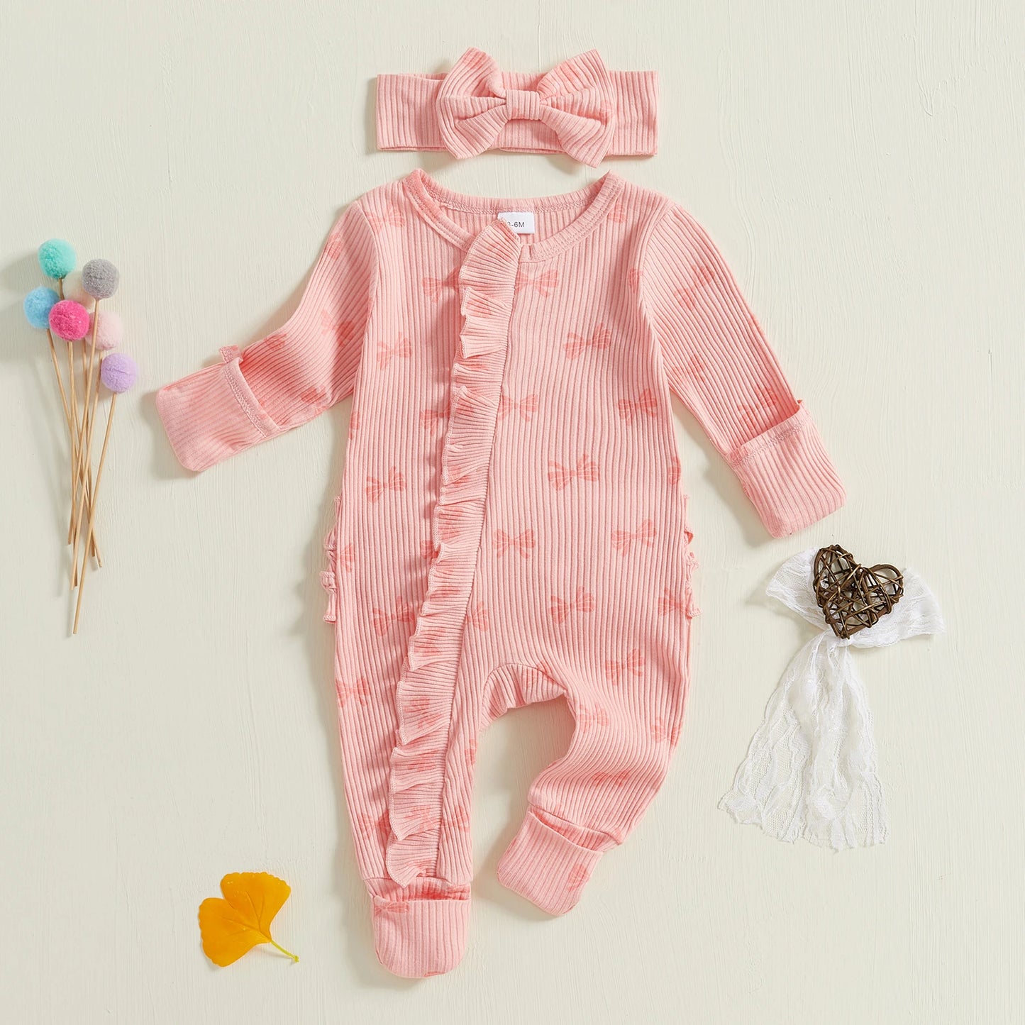 Cotton Ribbed Bow Print Rompers & Matching Headbands Set
