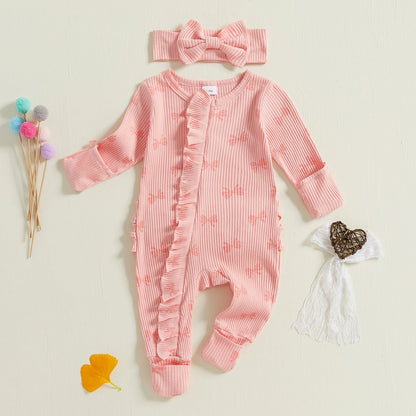 Cotton Ribbed Bow Print Rompers & Matching Headbands Set