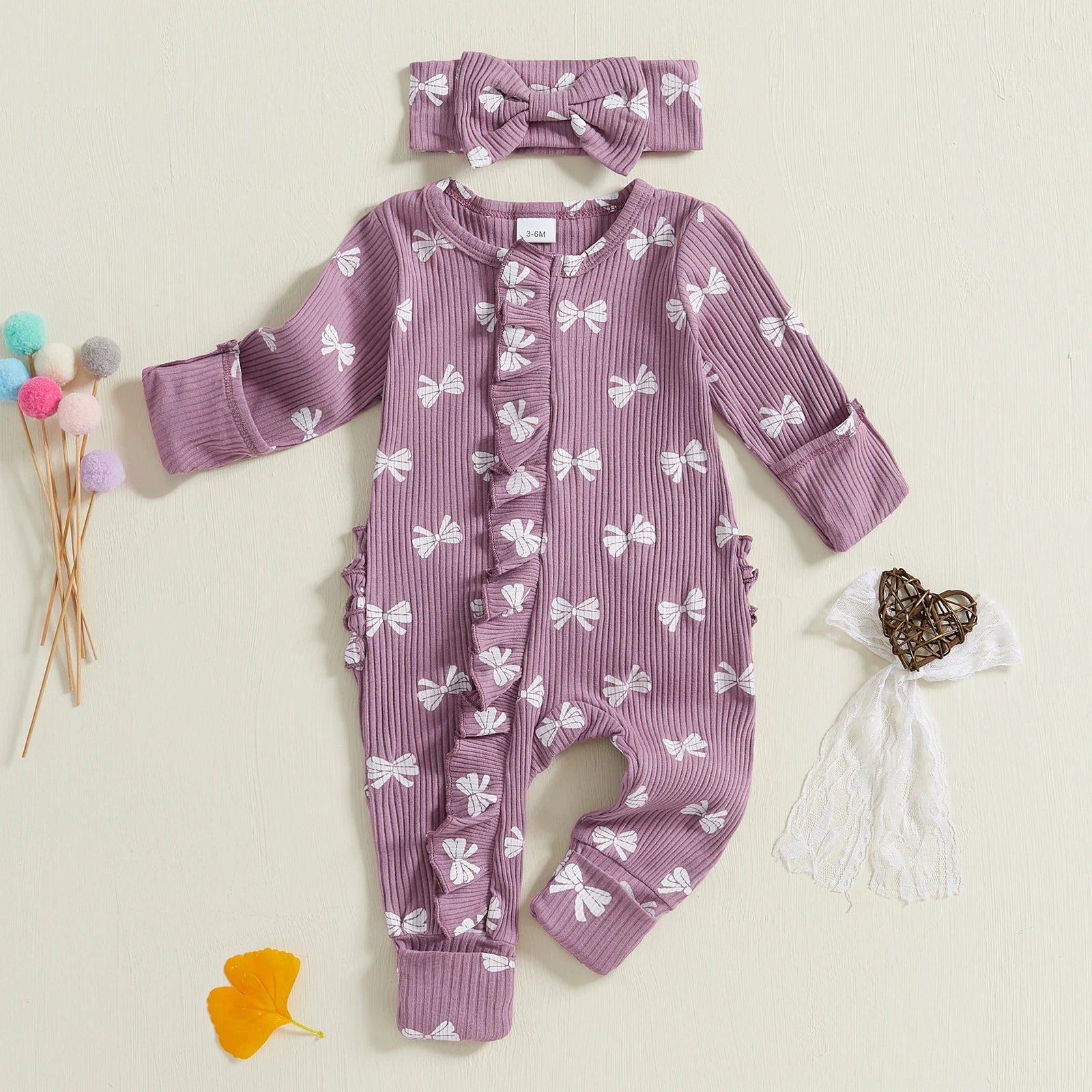 Cotton Ribbed Bow Print Rompers & Matching Headbands Set