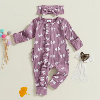 Cotton Ribbed Bow Print Rompers & Matching Headbands Set