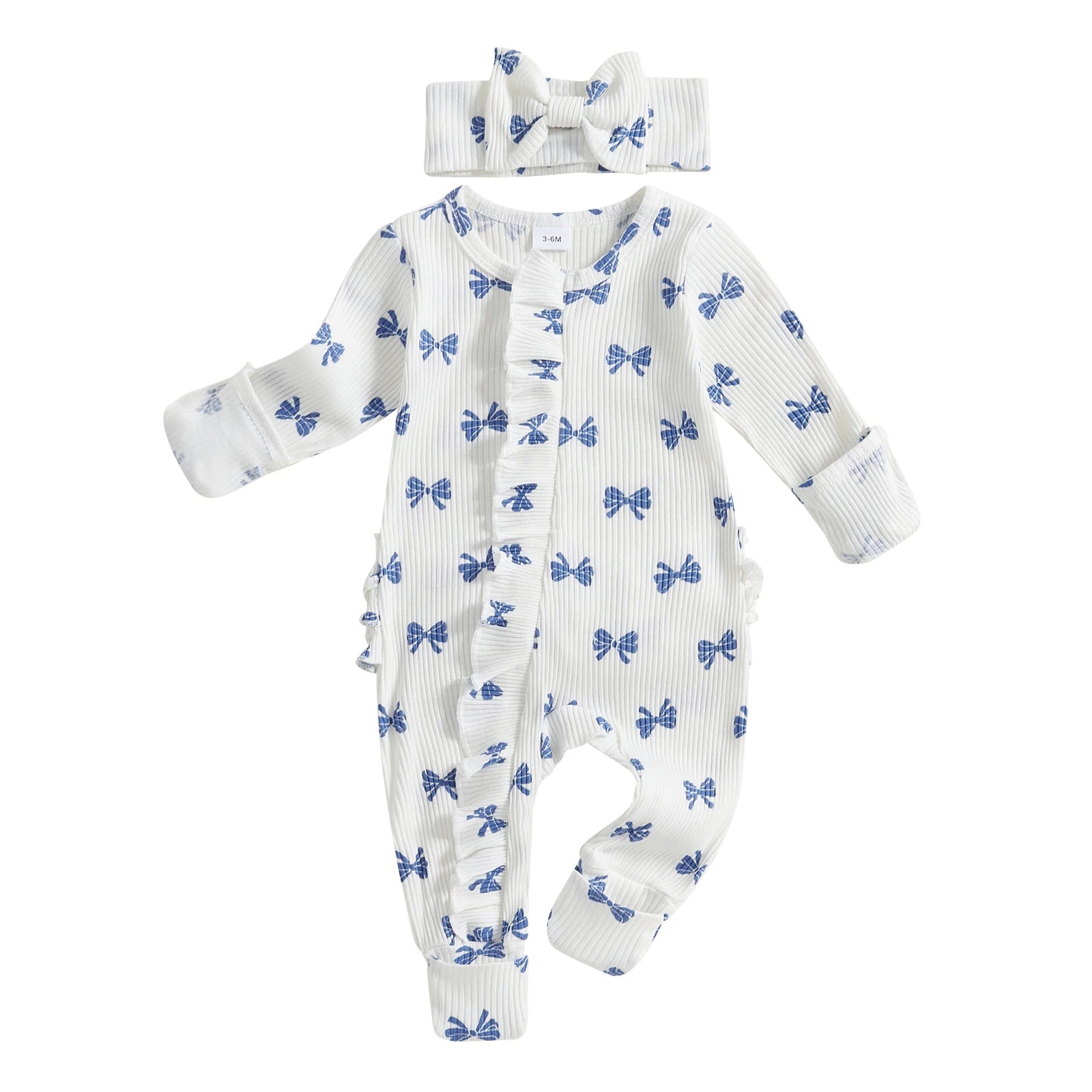Cotton Ribbed Bow Print Rompers & Matching Headbands Set