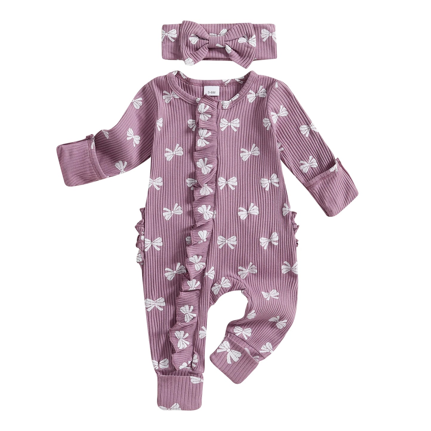 Cotton Ribbed Bow Print Rompers & Matching Headbands Set