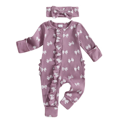 Cotton Ribbed Bow Print Rompers & Matching Headbands Set