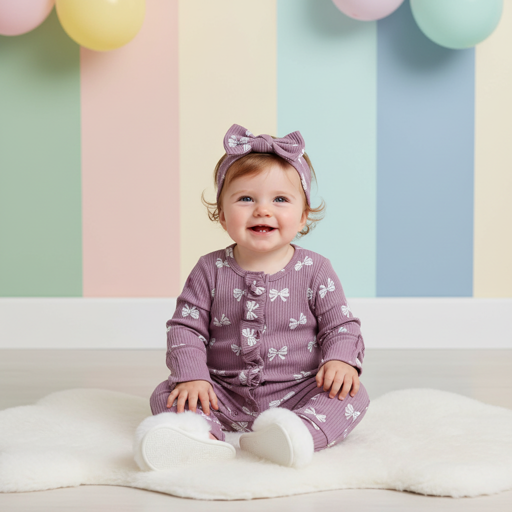 Cotton Ribbed Bow Print Rompers & Matching Headbands Set