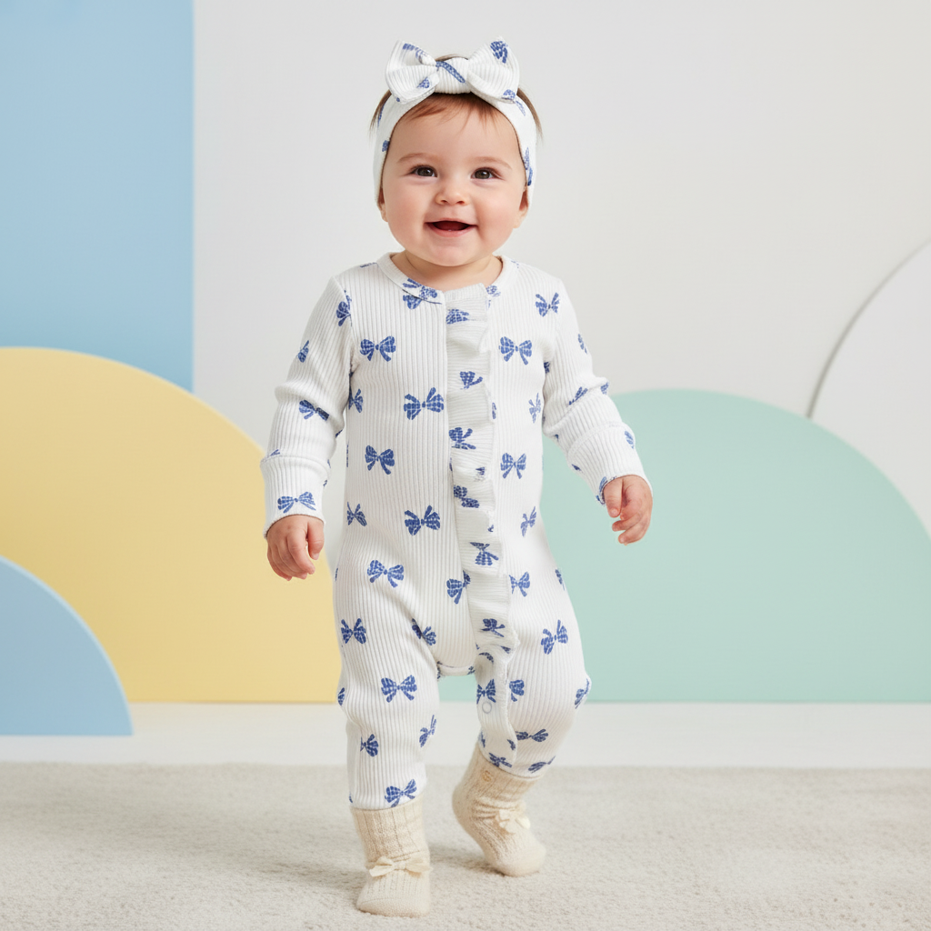 Cotton Ribbed Bow Print Rompers & Matching Headbands Set