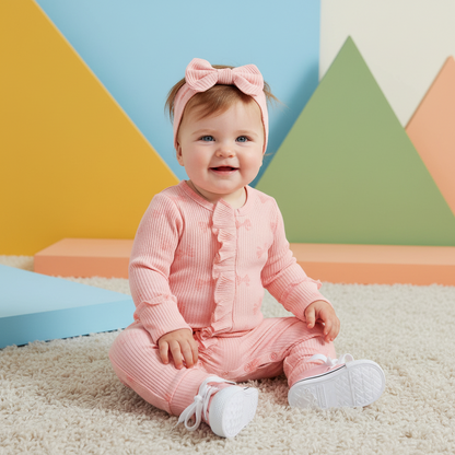 Cotton Ribbed Bow Print Rompers & Matching Headbands Set