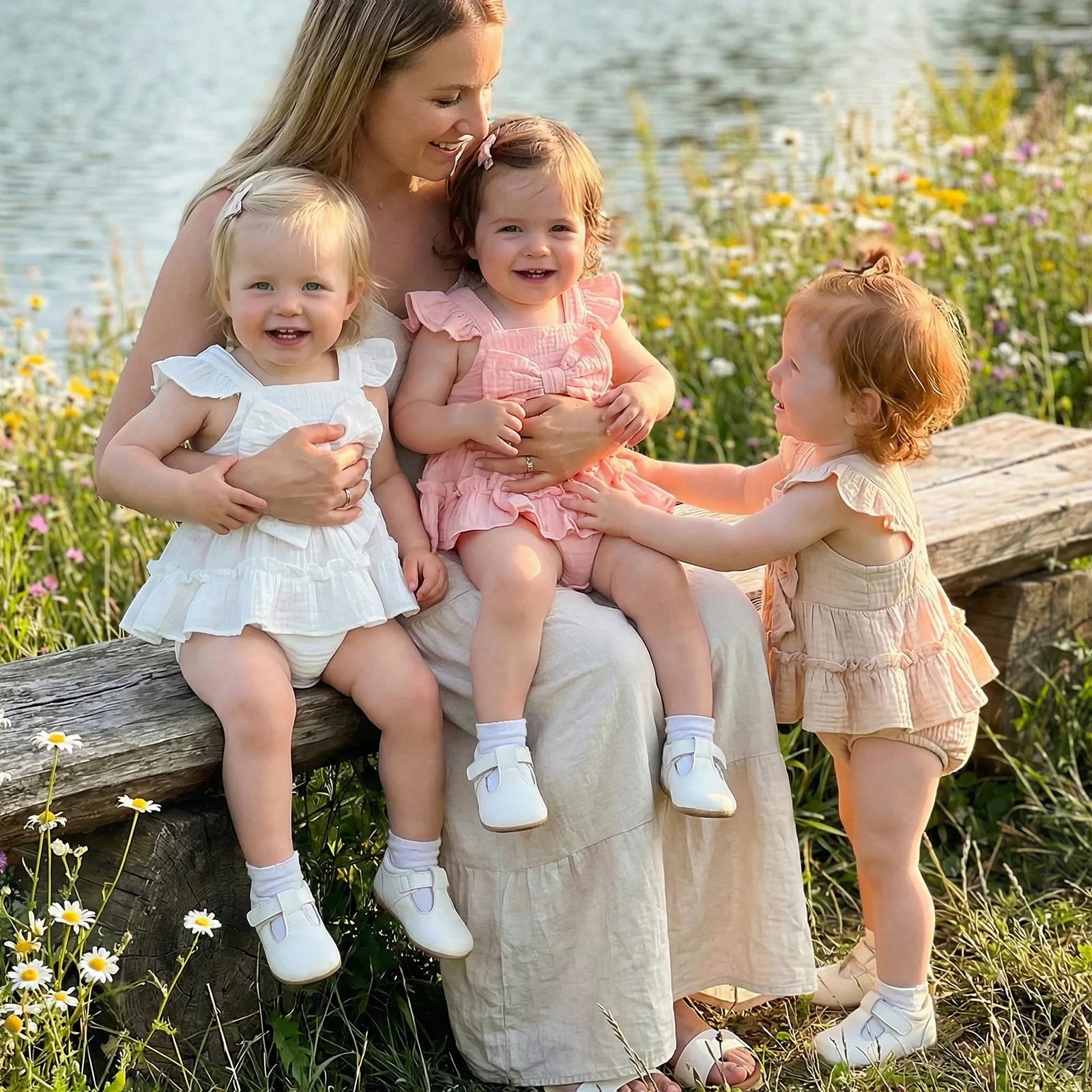 Ruffled Bow Sleeveless Romper Set White Beige Pink
